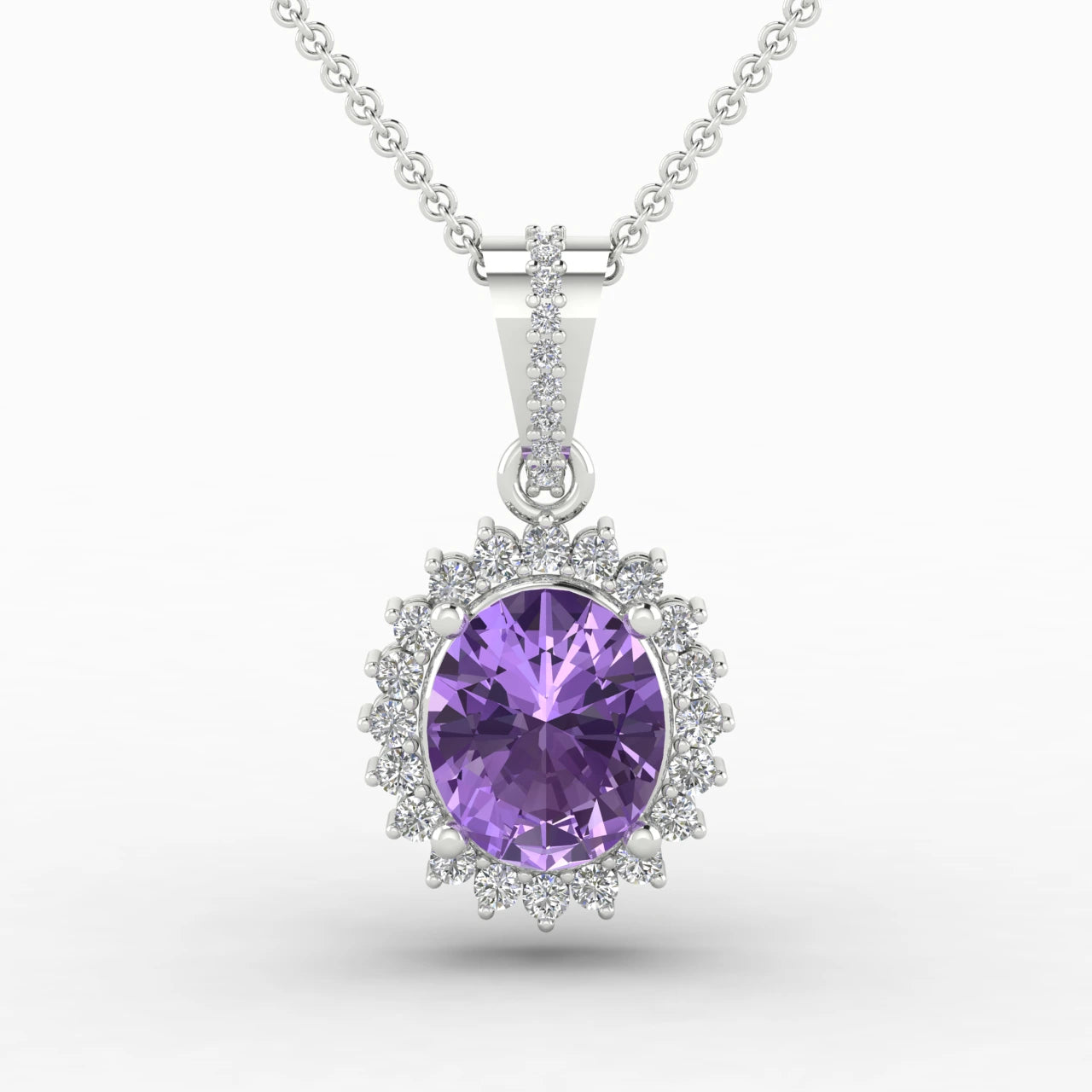 1 Carat Oval Amethyst Halo Diamond Necklace