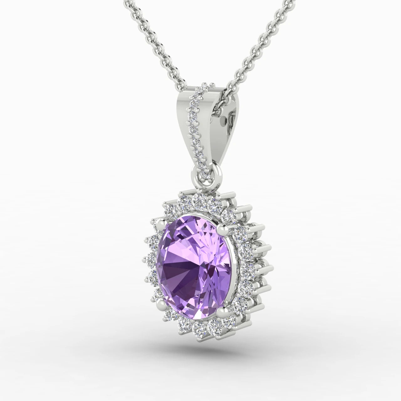 1 Carat Oval Amethyst Halo Diamond Necklace