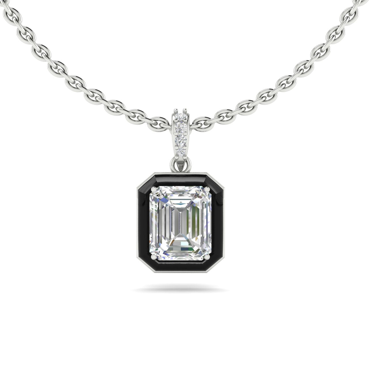 2 Carat Black Ceramic Emerald Cut Certified Lab Diamond 14k Pendant with 18K Chain