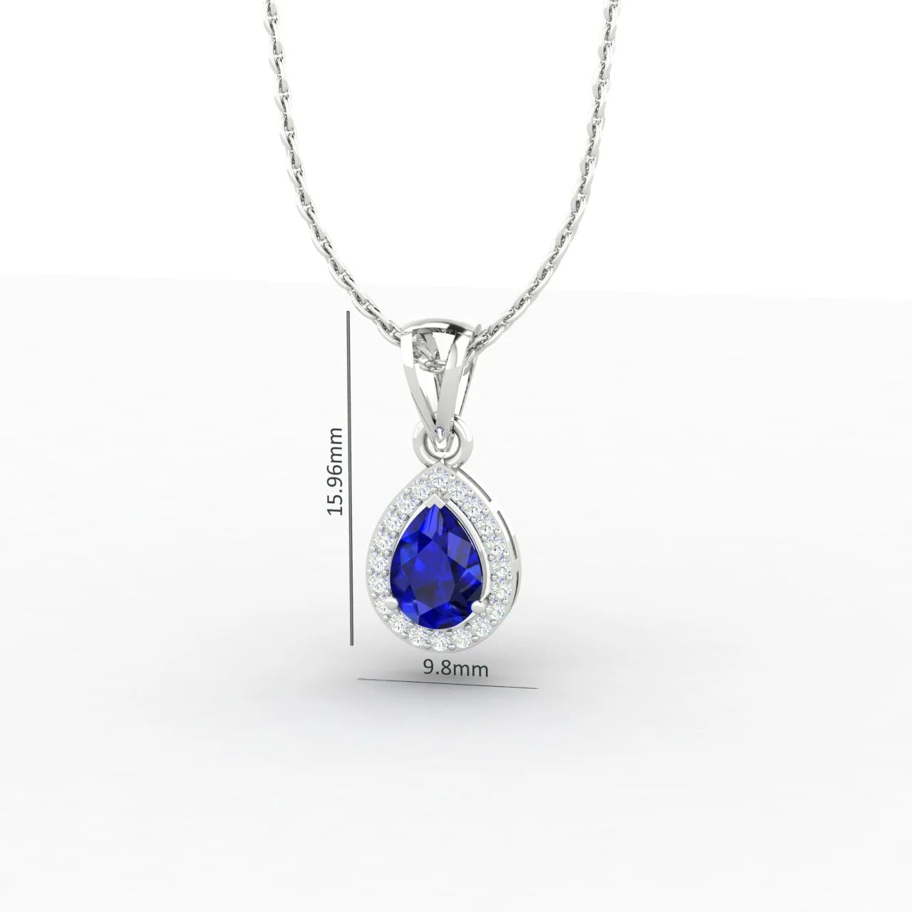 Pear Cut Blue Sapphire 1 Carat Lab Diamond Halo Pendant 14K White Gold