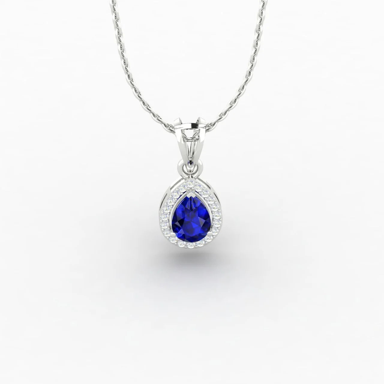 Pear Cut Blue Sapphire 1 Carat Lab Diamond Halo Pendant 14K White Gold
