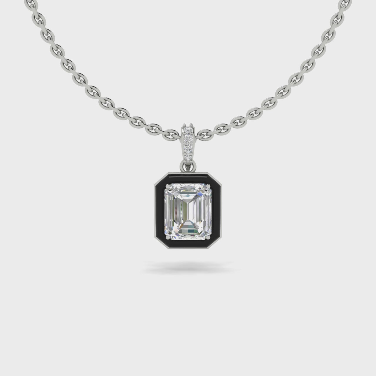 2 Carat Black Ceramic Emerald Cut Certified Lab Diamond 14k Pendant with 18K Chain