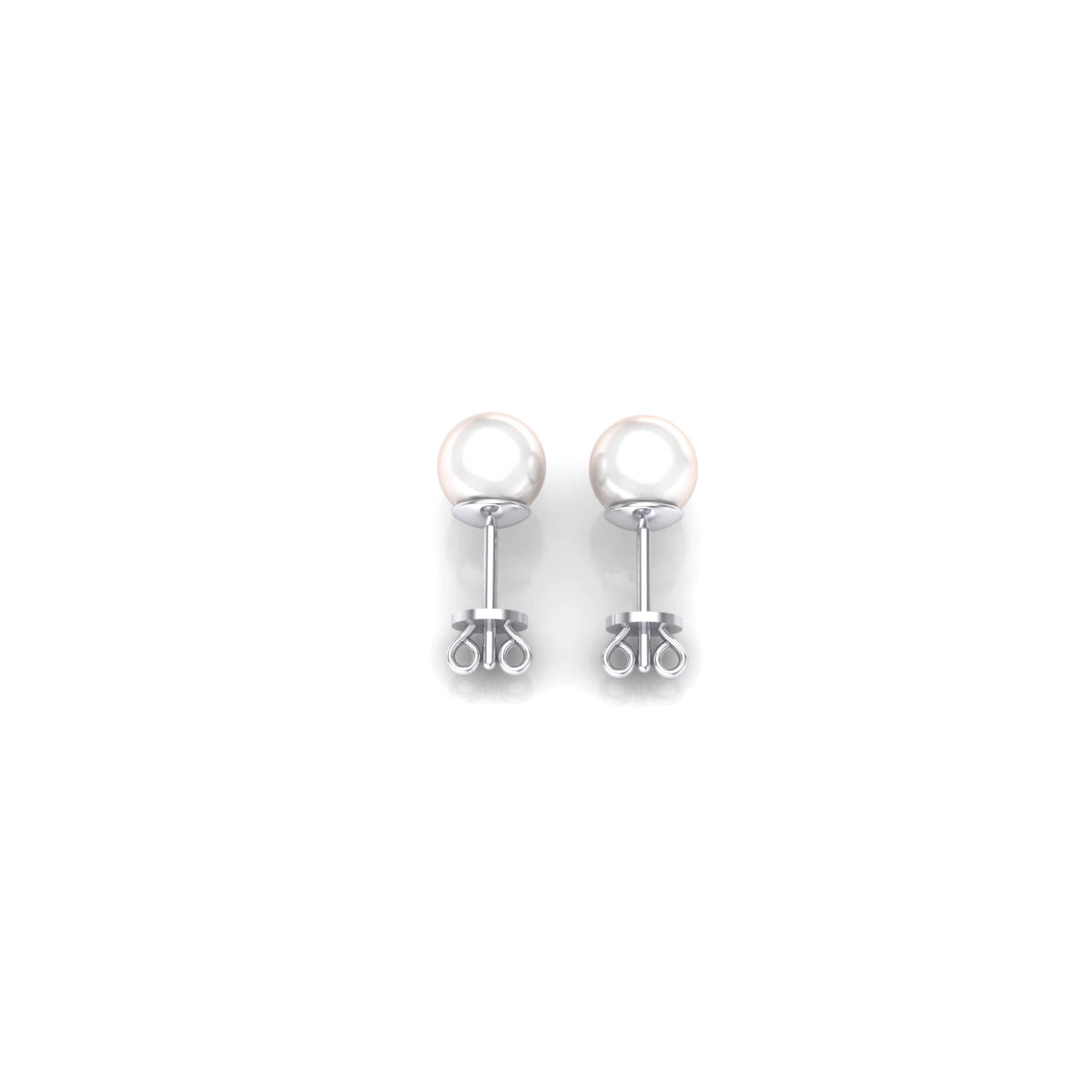Classic pearl stud earring set in polished 14K white gold, finished with a secure butterfly pushback closure for comfortable everyday wear.