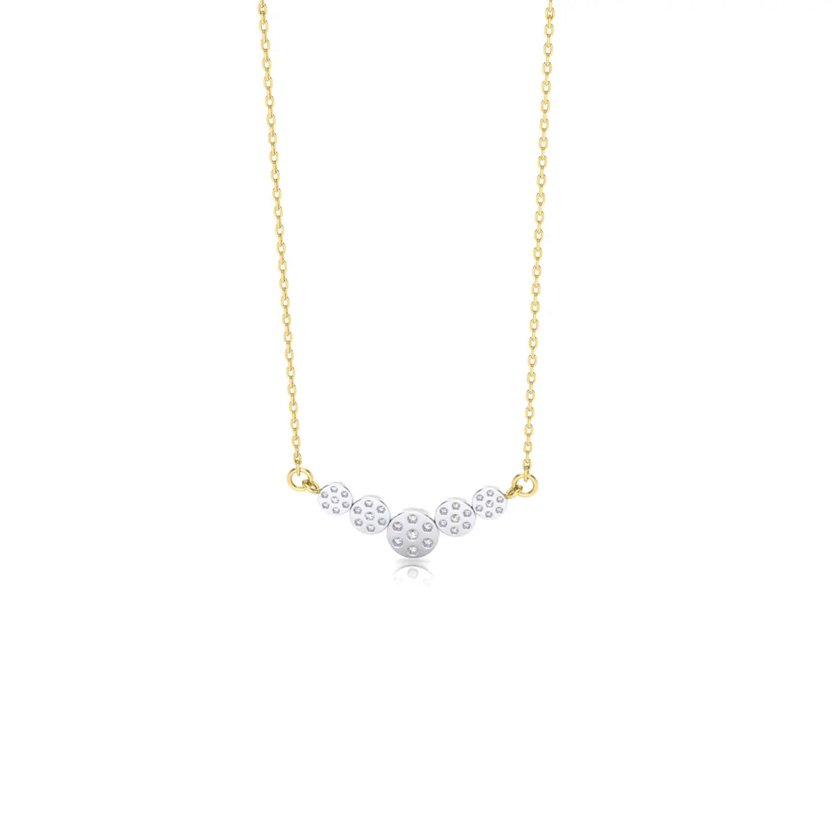 A delicate gold chain necklace featuring a curved bar pendant with a central silver-toned heart-shaped pavé setting, shown on a clean white background.