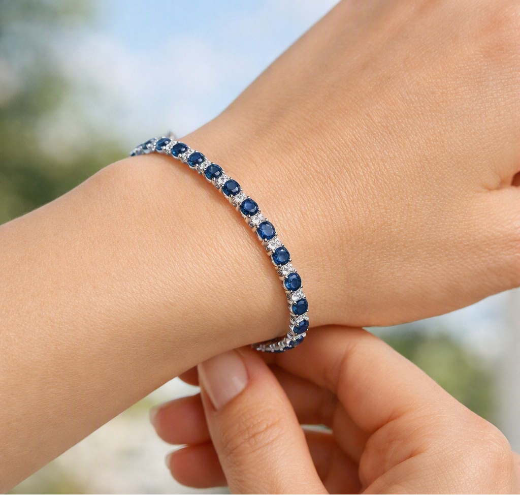 1 Carat Blue Saphire and Lab Diamond Bracelet in 14k White Gold