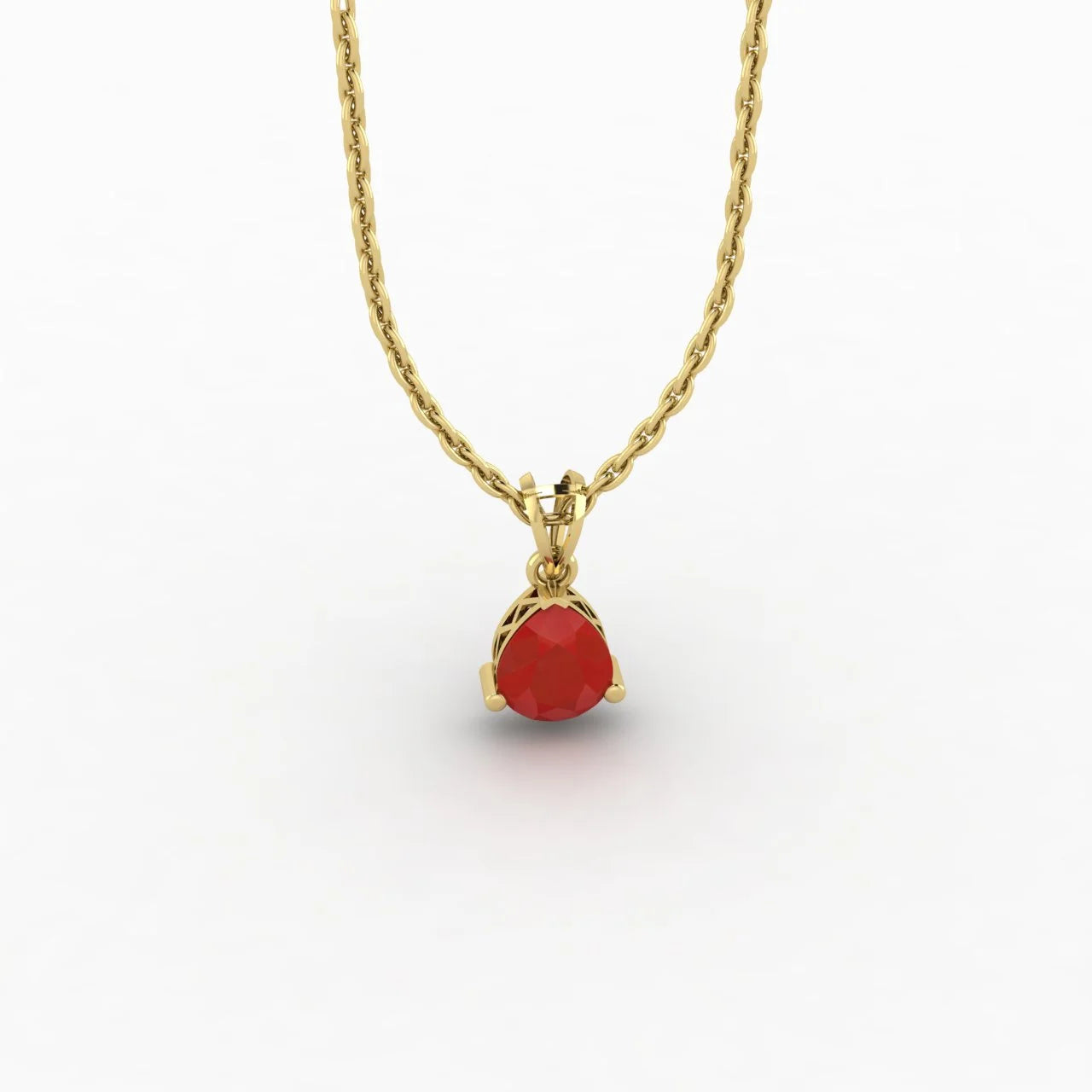 Pear Cut Ruby Solitaire Necklace 14K Yellow Gold