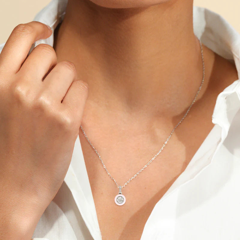Diamond Pendant with Ceramic Halo on Model