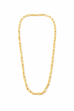 A gold paperclip chain necklace displayed in a vertical loop shape against a plain white background.