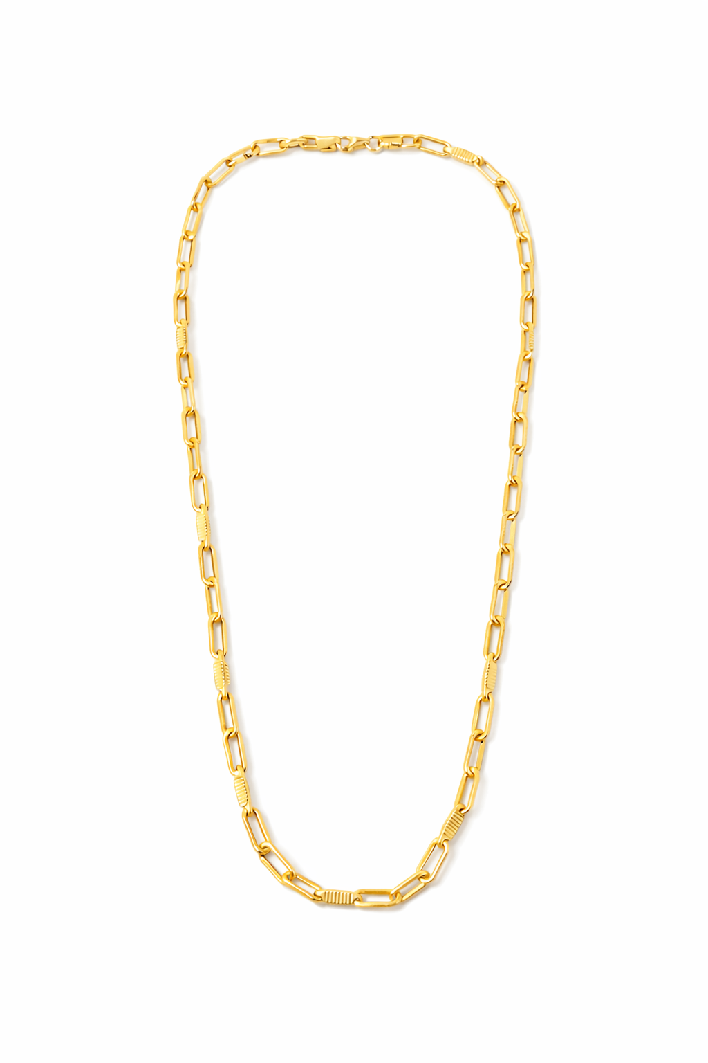 A gold paperclip chain necklace displayed in a vertical loop shape against a plain white background.