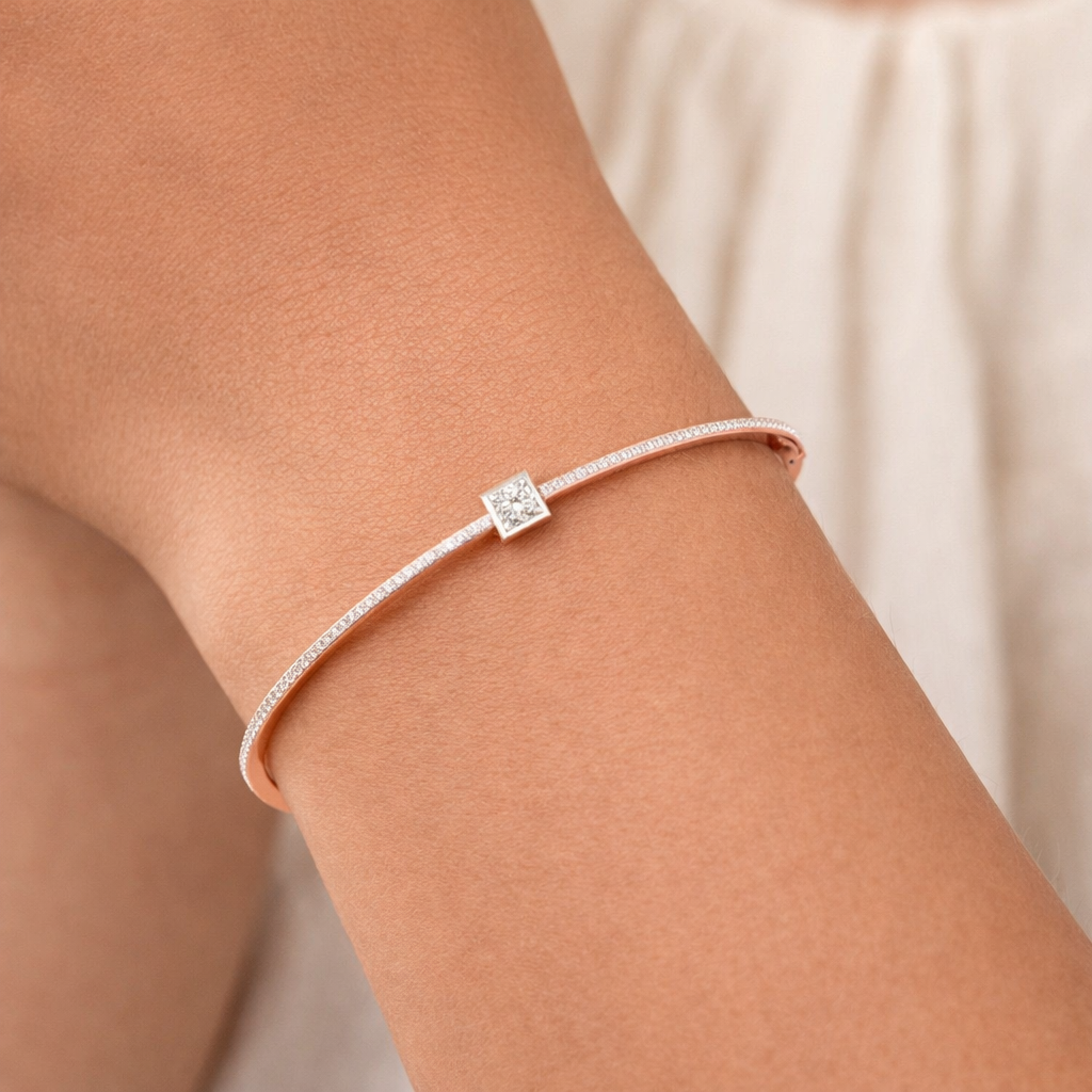 0.5 Carats Natural Diamond Bangle Bracelet with Square Cluster 18K Rose Gold