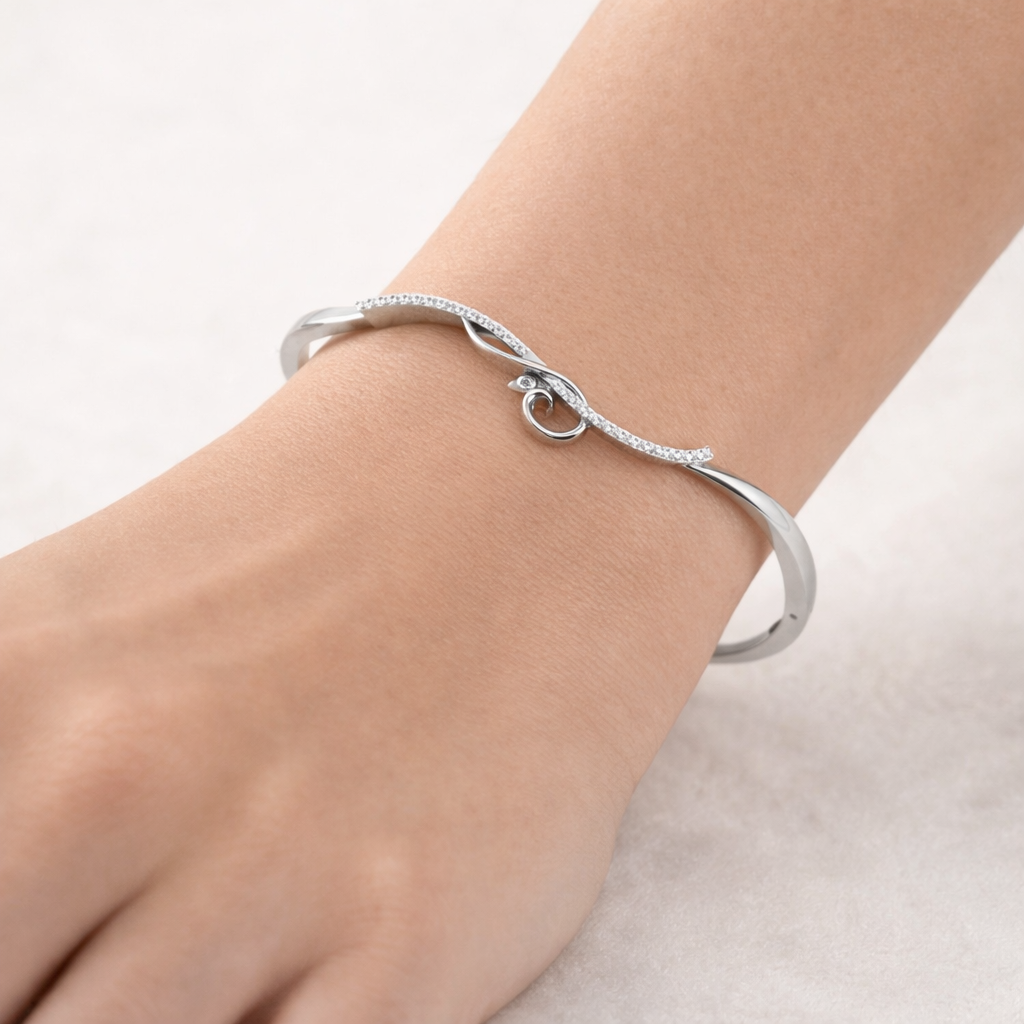 0.4 Carats Natural Diamond Swirl Bangle Bracelet 14K White Gold
