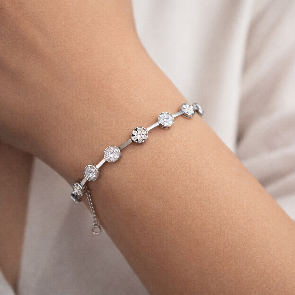 1.5 Carats Natural Diamond Circle Cluster Station Bracelet 14K White Gold