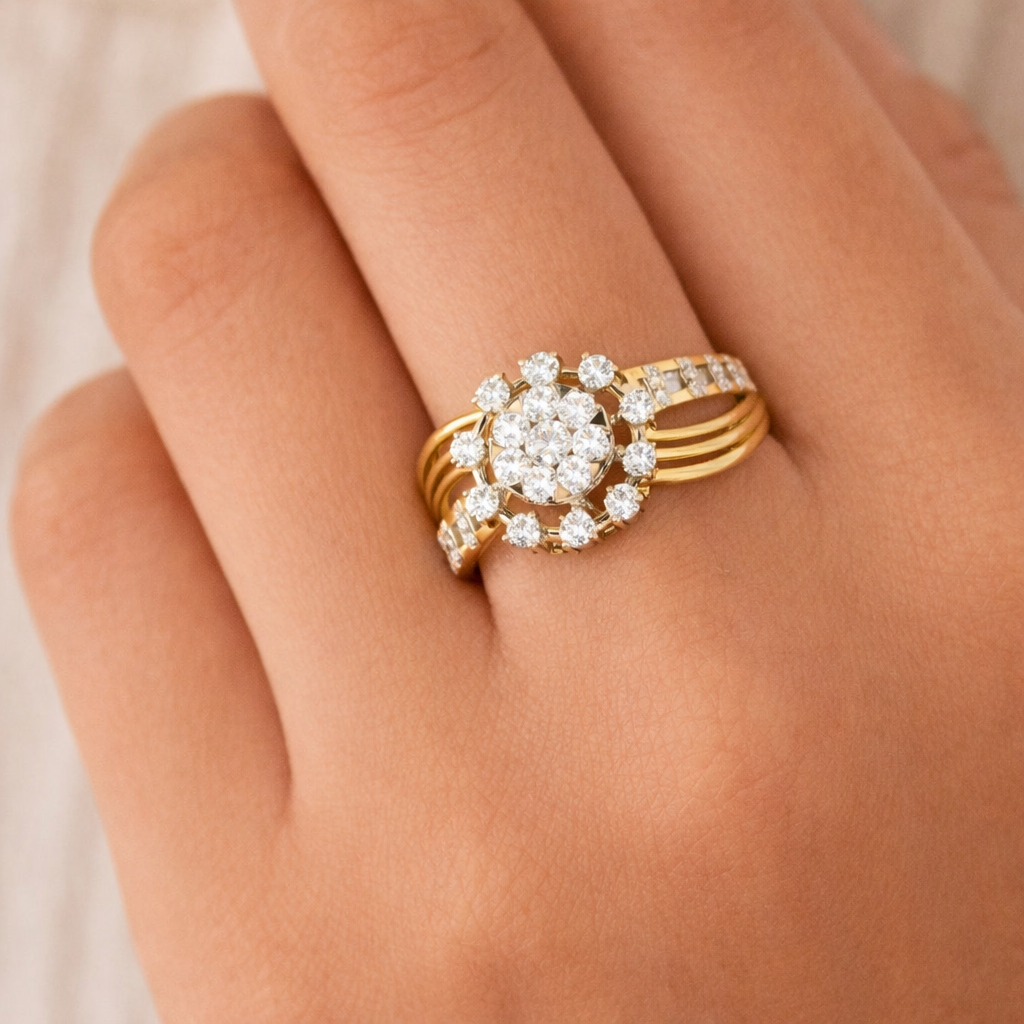 0.5 Carats Natural Diamond Cluster Halo Multi-Band Crossover Ring 14K Yellow Gold