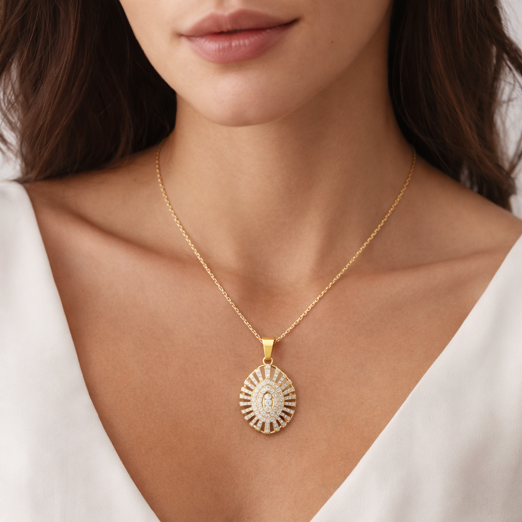 1.3 Carats Natural Diamond Solara Sunburst Pendant Necklace 18K Yellow Gold