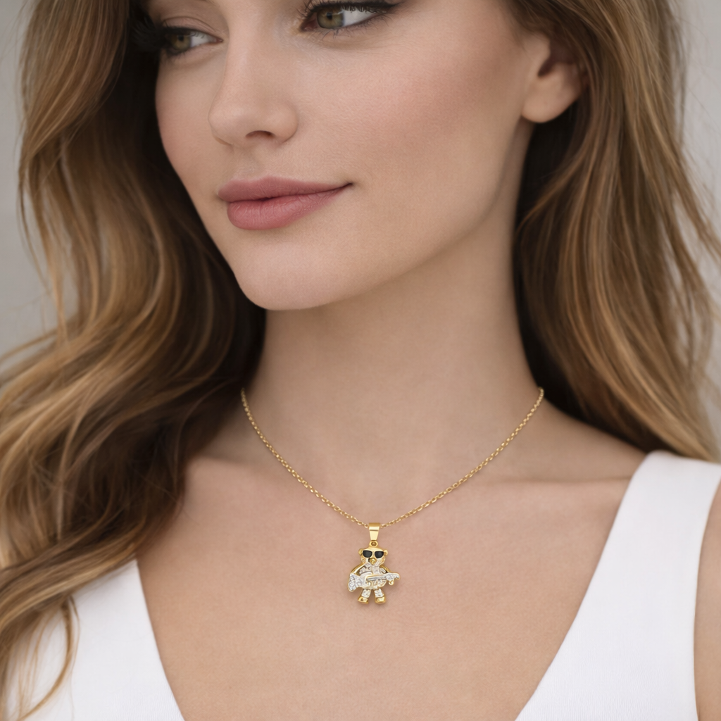 0.4 Carats Diamond Rockstar Teddy Bear Pendant 18K Yellow Gold
