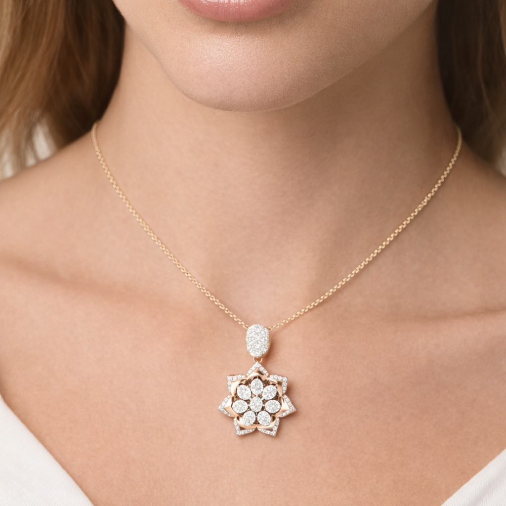 1.3 Carats Natural Diamond Lotus Bloom Pendant Necklace 14K Yellow Gold