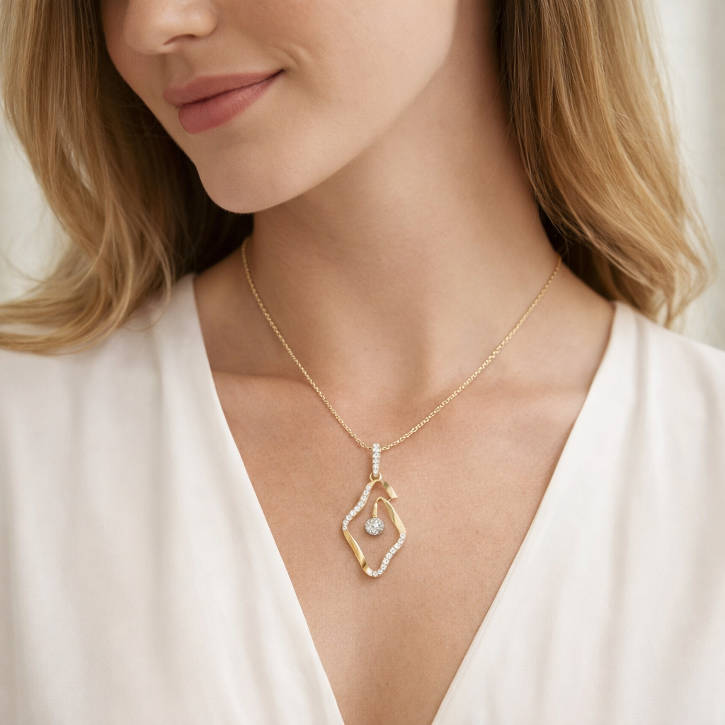 0.5 Carats Natural Diamond Open Wave Pendant Necklace 14K Yellow Gold