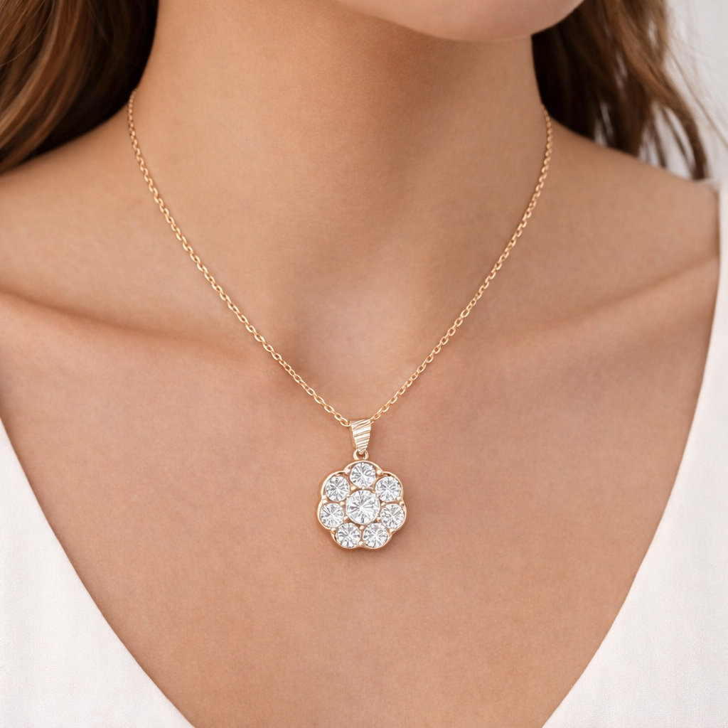 2 Carats Natural Diamond Daisy Cluster Pendant Necklace 14K Yellow Gold