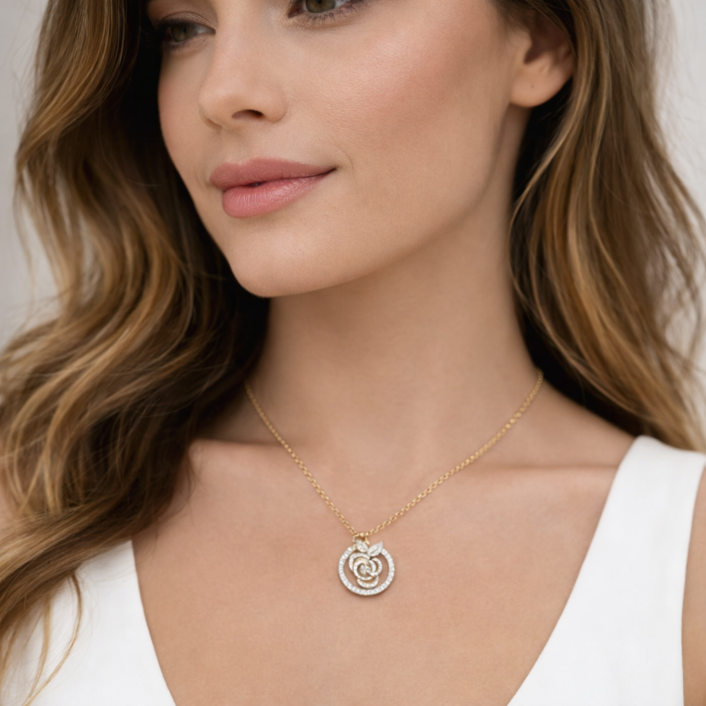 1.4 Carats Diamond Rose Swirl Circle Pendant 14K Yellow Gold