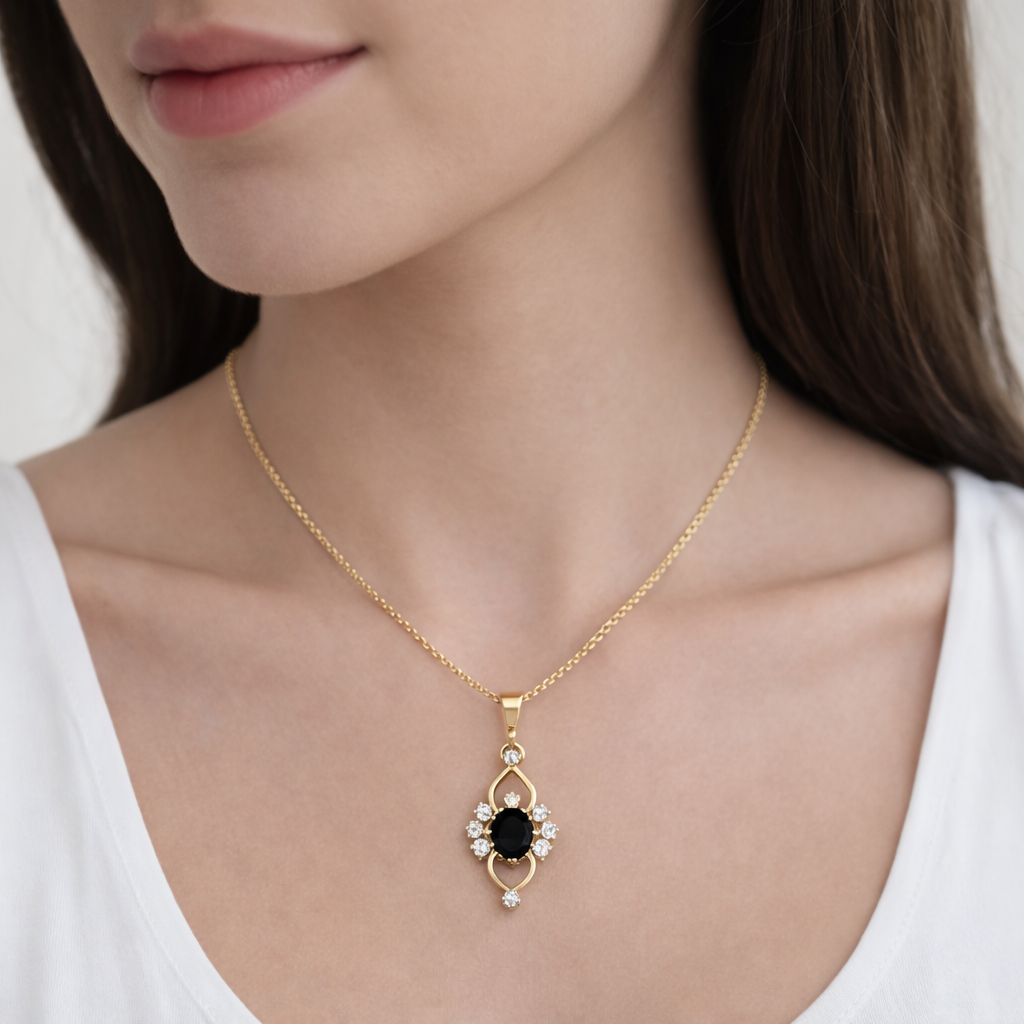 0.5 Carats Black Onyx & Diamond Floral Drop Pendant 18K Yellow Gold