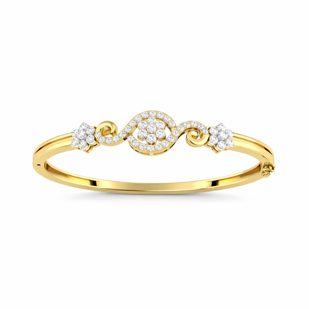 0.5 Carats Natural Diamond Floral Scroll Bangle Bracelet 14K Yellow Gold