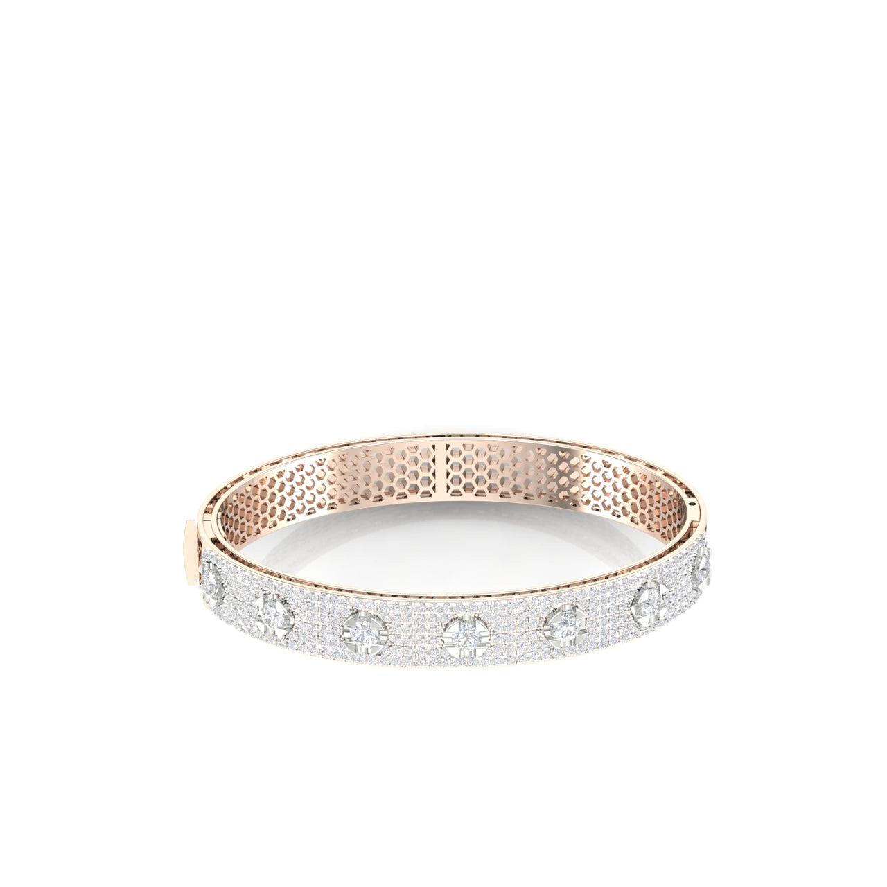 2 Carats Natural Diamond Wide Bangle Bracelet with Solitaire Stations 18K Rose Gold