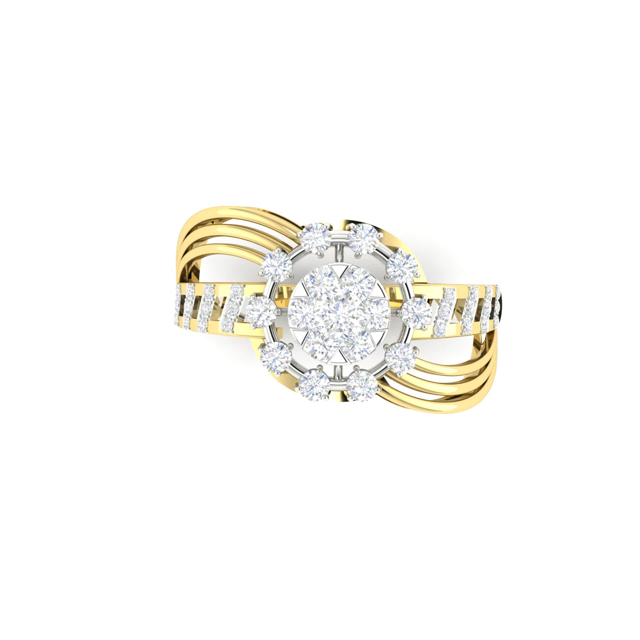 0.5 Carats Natural Diamond Cluster Halo Multi-Band Crossover Ring 14K Yellow Gold