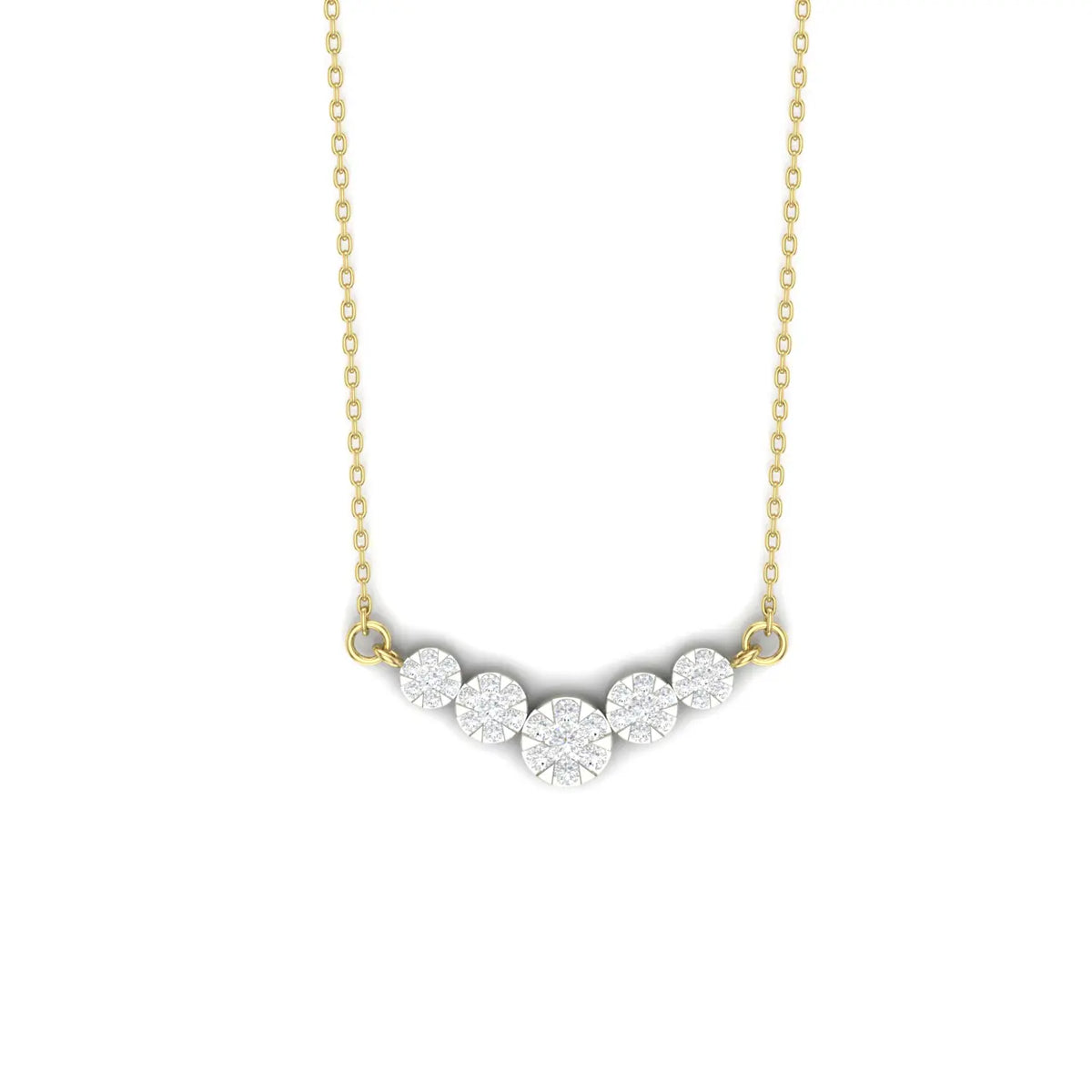 A delicate gold chain necklace featuring five small, round-cut clear stones arranged in a gentle arc on a white background.