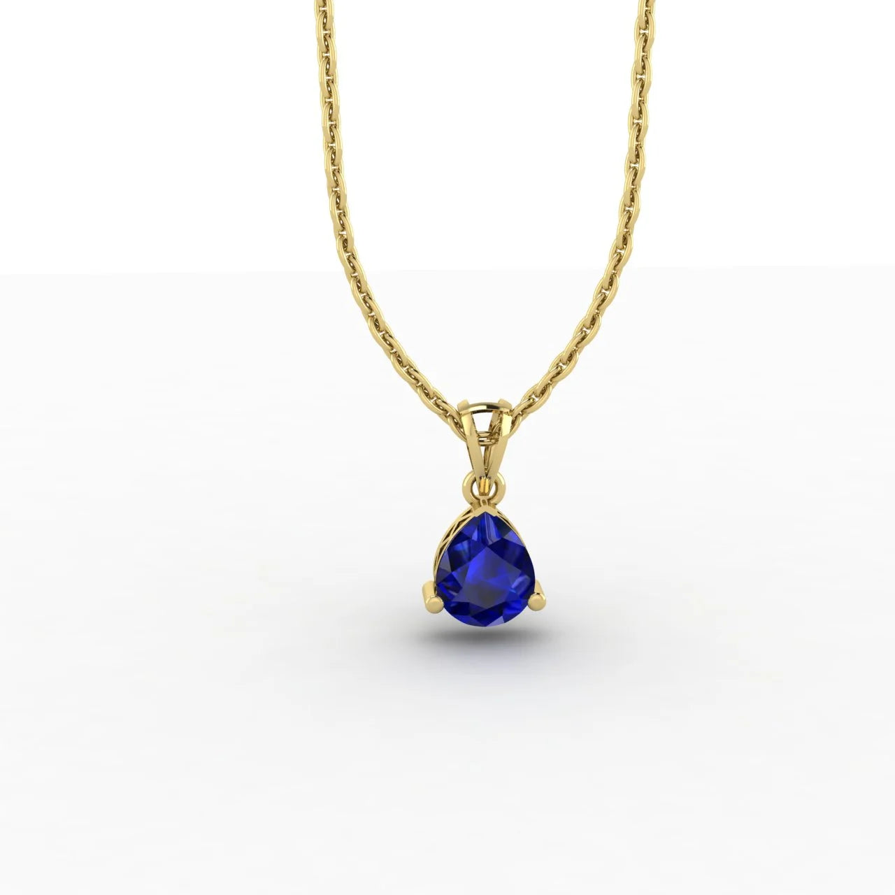 Pear Cut Blue Sapphire Solitaire Necklace 14K Yellow Gold