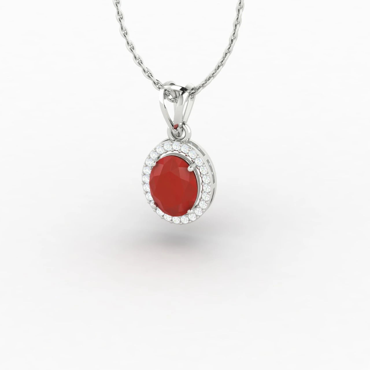 Oval Cut Ruby Halo 1 Carat Lab Diamond Necklace 14K White Gold