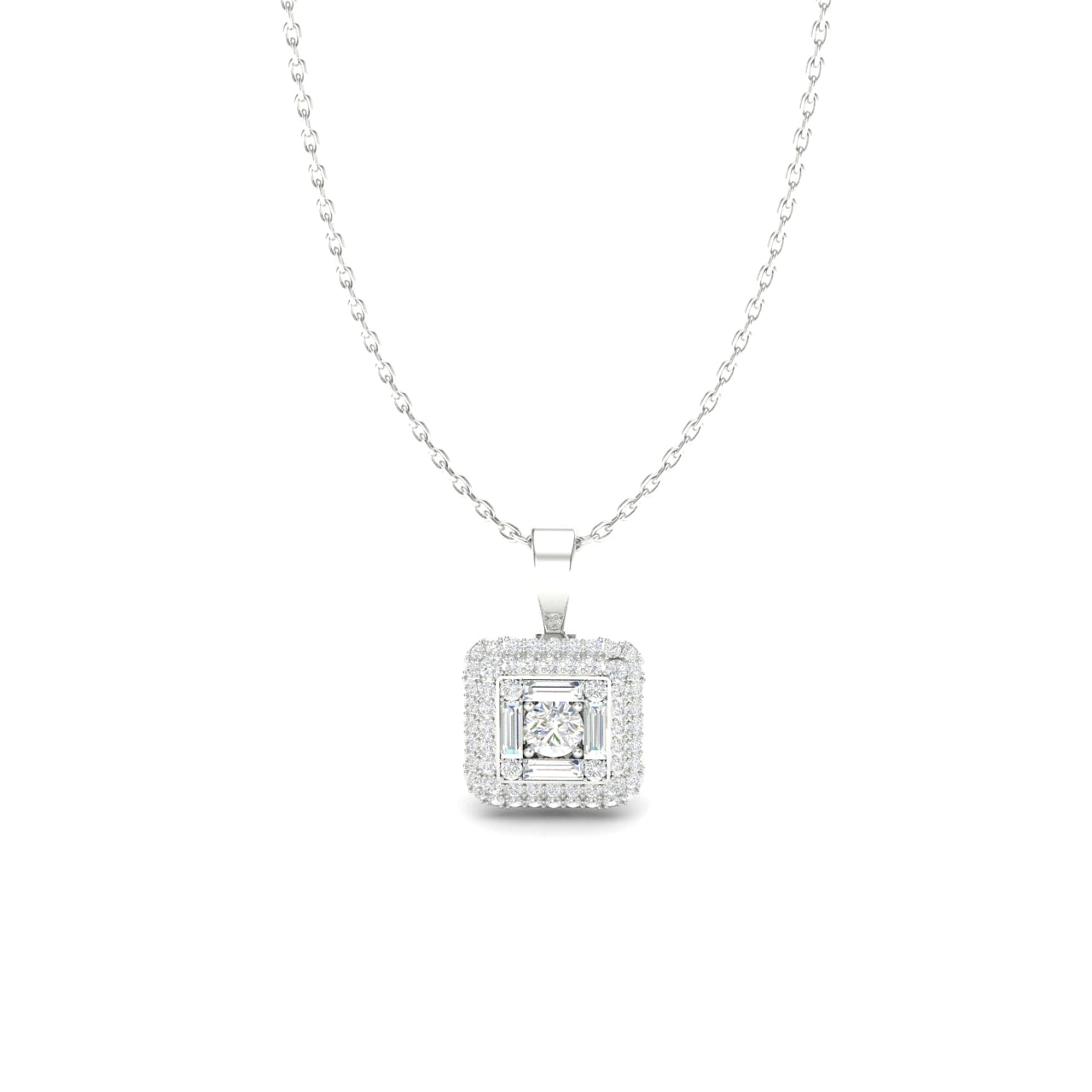 1 Carat Natural Diamond Halo Square Pendant Necklace 18K White Gold