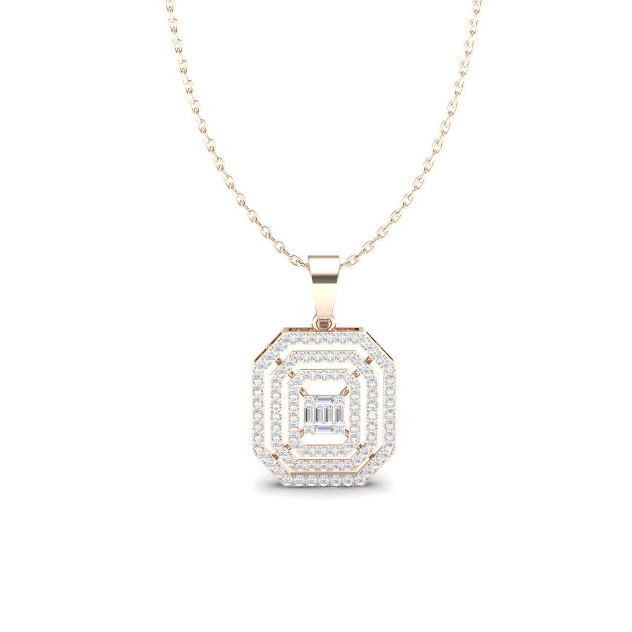 0.8 Carats Natural Diamond Emerald Halo Pendant Necklace 14K Rose Gold