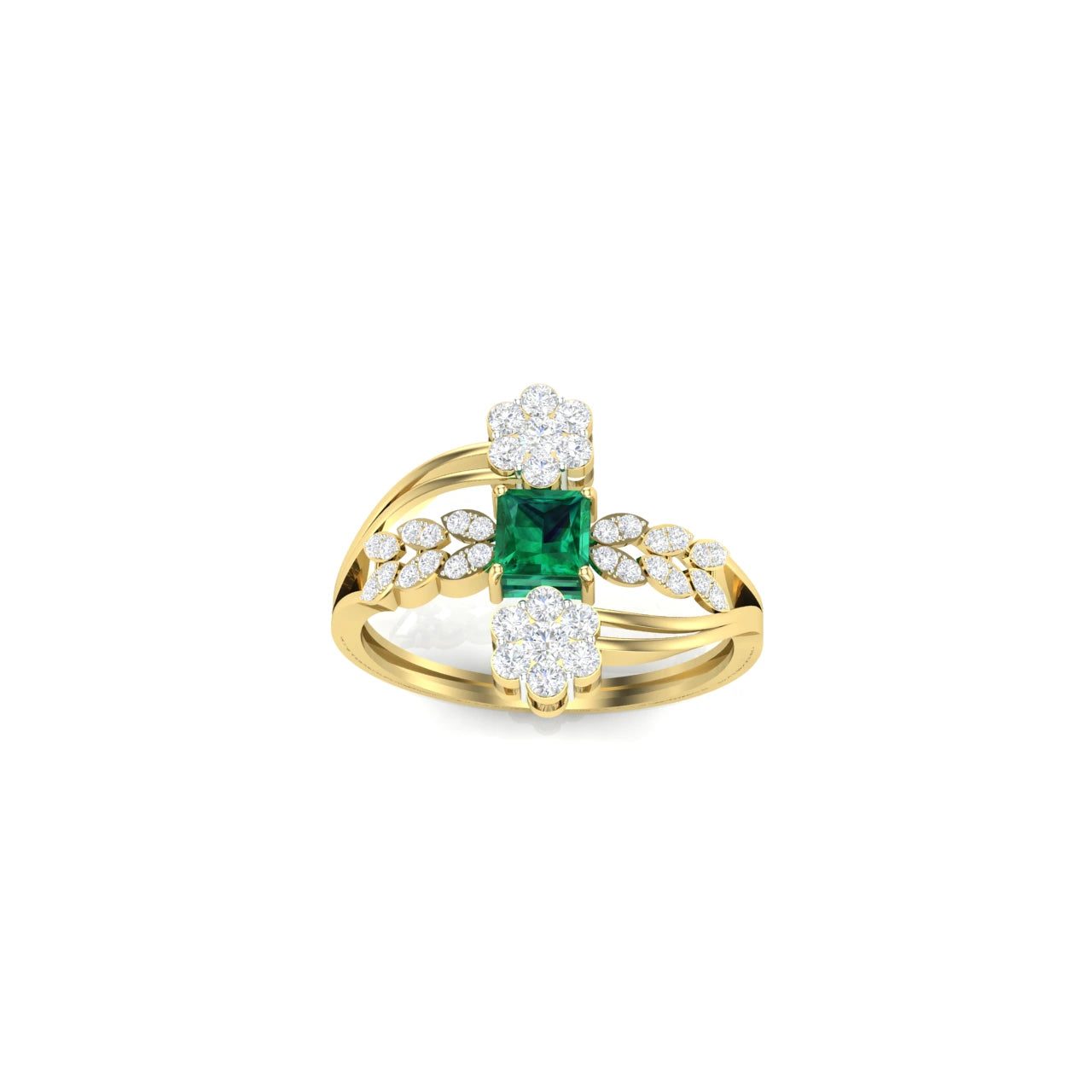0.5 Carat Emerald & Diamond Floral Cluster Ring 14K Yellow Gold