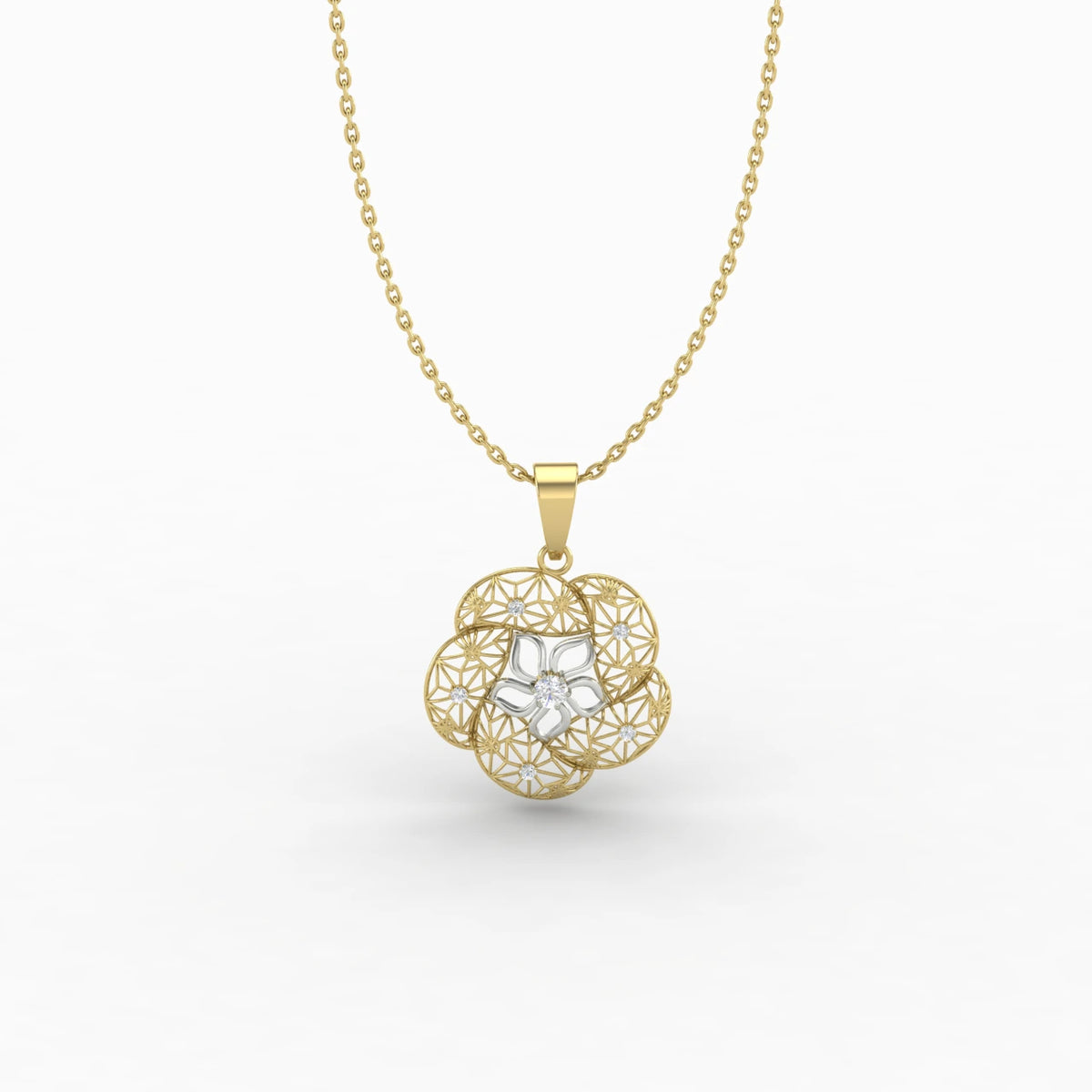0.04 Carats Lab Grown Diamond Filigree Flower Pendant 14K Yellow Gold