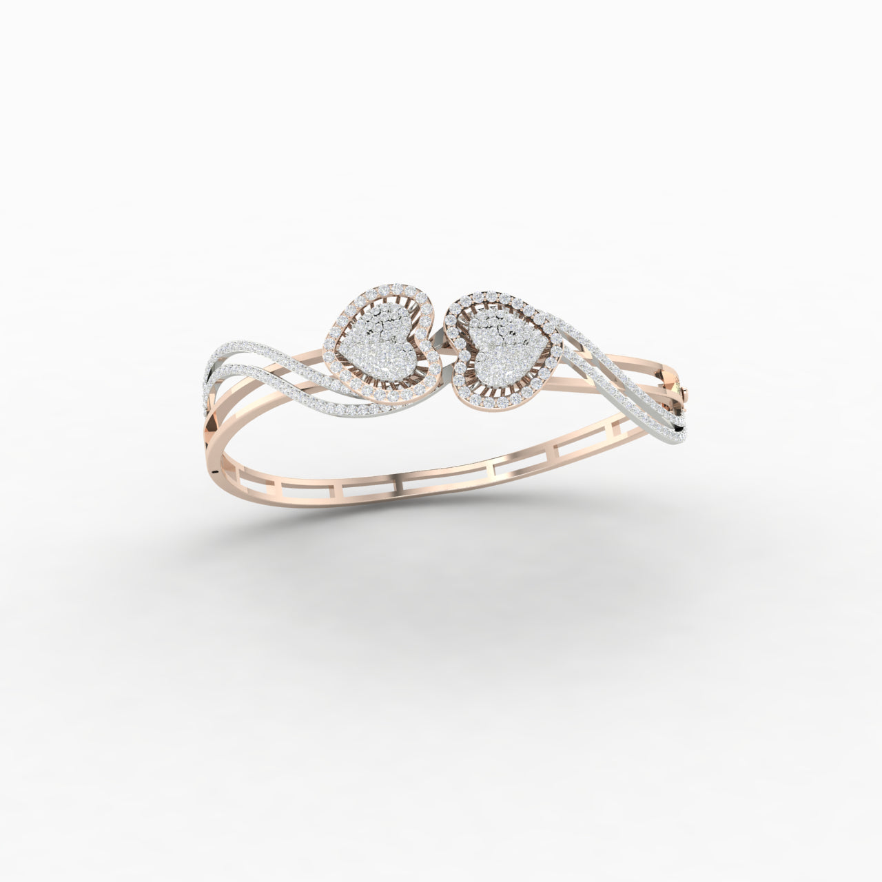 2 Carat Natural Diamond Double Heart Bangle Bracelet 14K Rose Gold