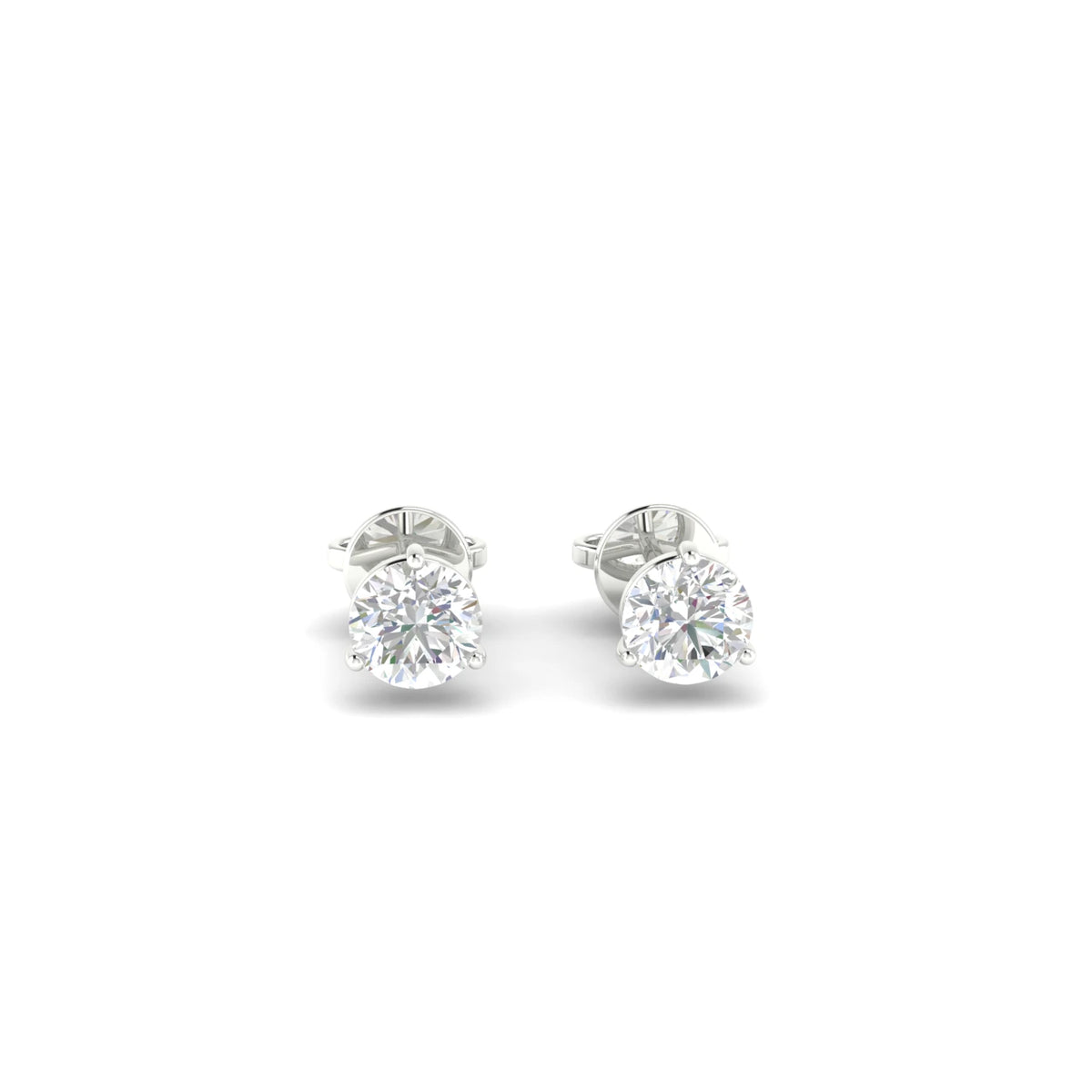 Three Prong Diamond Studs set in 14K white gold on White Background