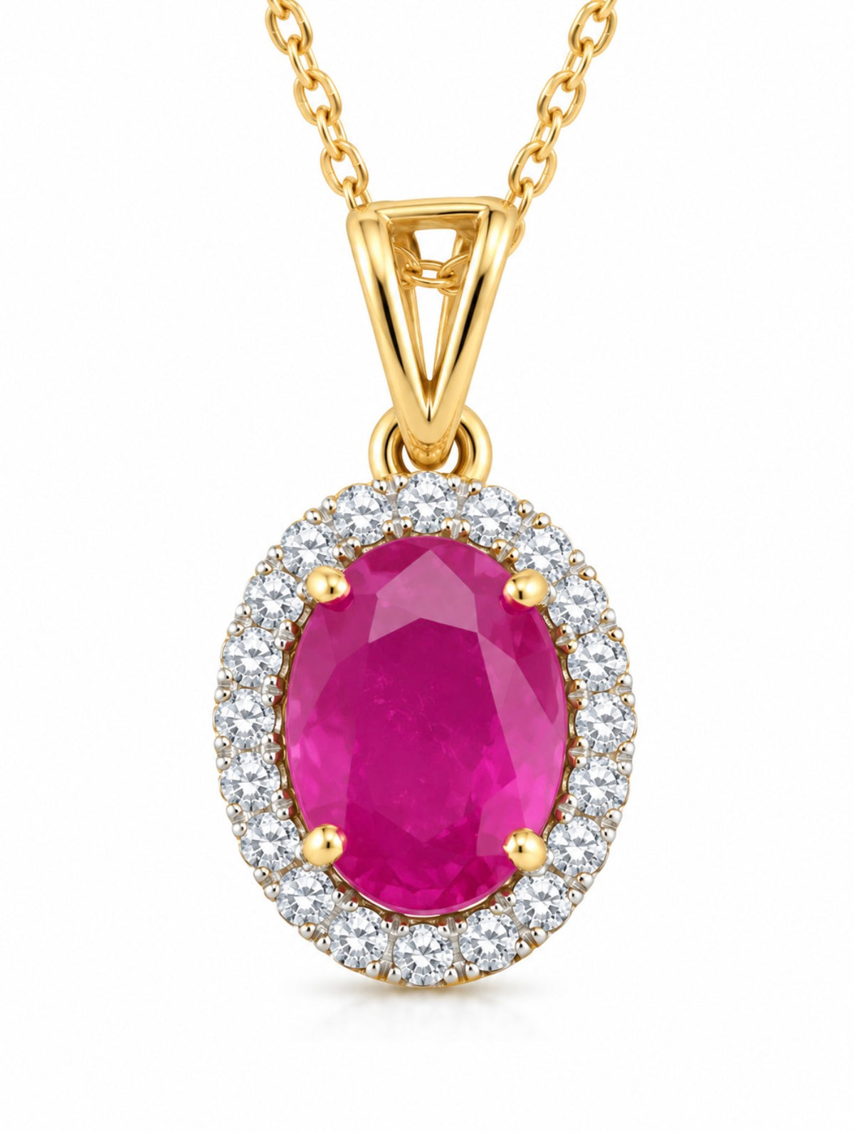 2 Carat Oval Ruby Halo 1 Carat Lab Diamond Necklace 14K Yellow Gold