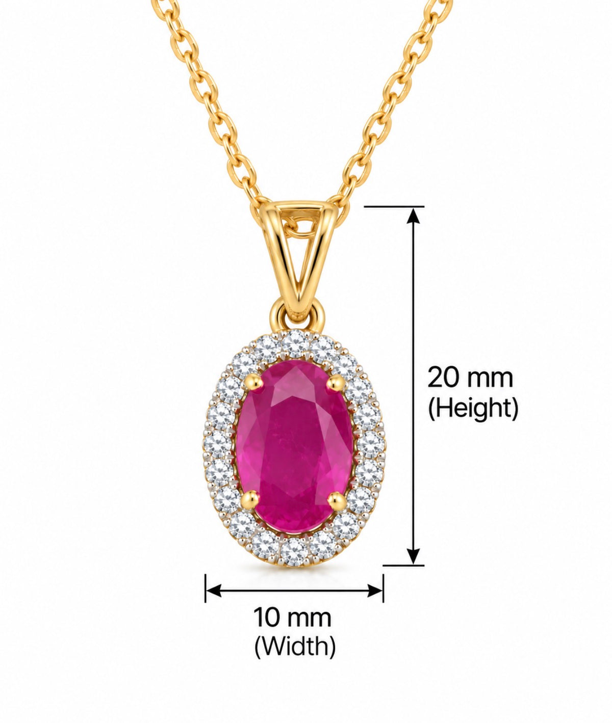 2 Carat Oval Ruby Halo 1 Carat Lab Diamond Necklace 14K Yellow Gold