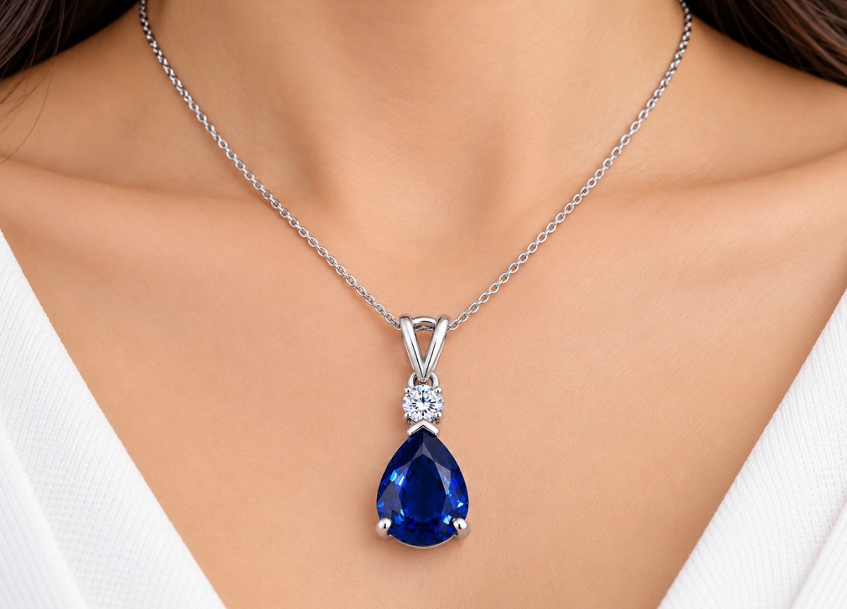 2 Ct Pear Cut Blue Sapphire Lab Diamond Crown Necklace 14K White Gold