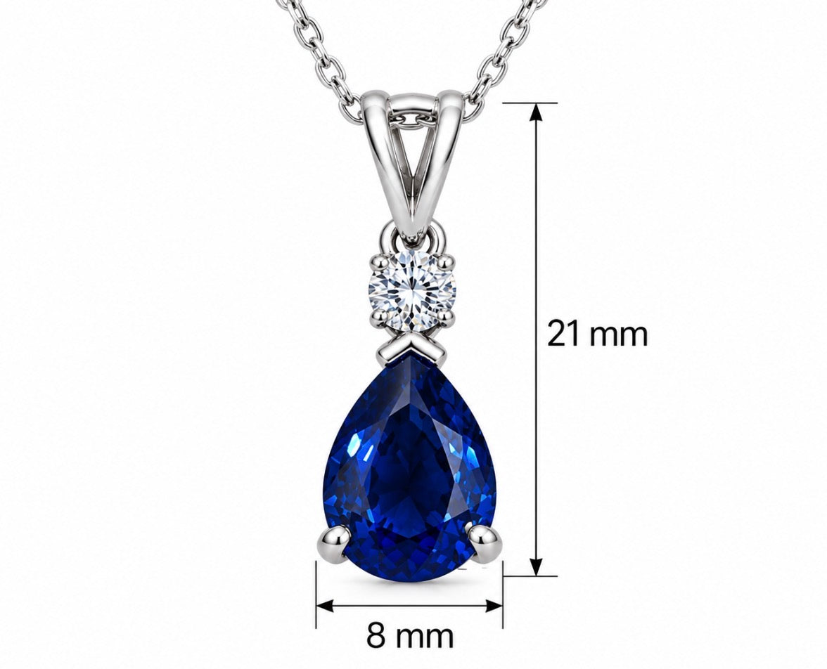2 Ct Pear Cut Blue Sapphire Lab Diamond Crown Necklace 14K White Gold