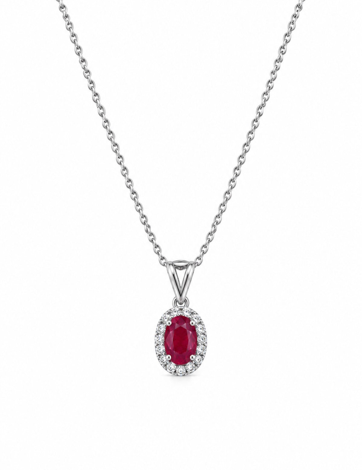 Oval Cut Ruby Halo 1 Carat Lab Diamond Necklace 14K White Gold