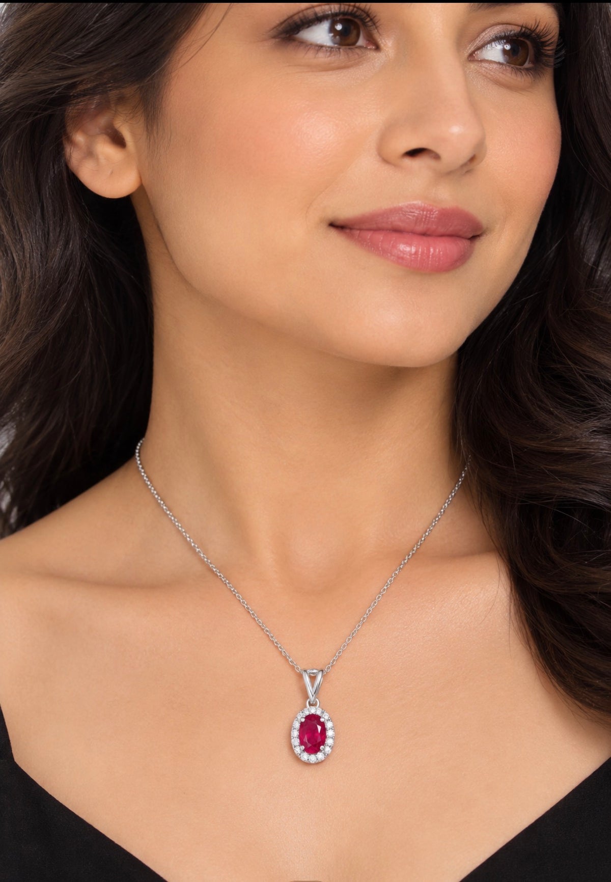 Oval Cut Ruby Halo 1 Carat Lab Diamond Necklace 14K White Gold