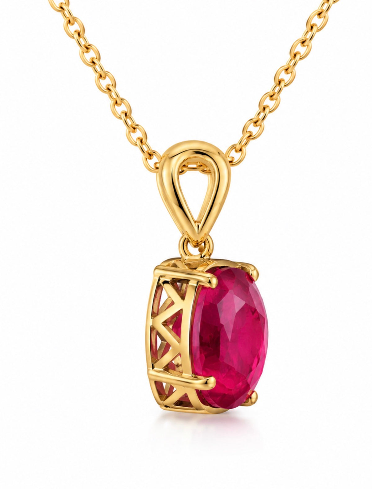 Pear Cut Ruby Solitaire Necklace 14K Yellow Gold.