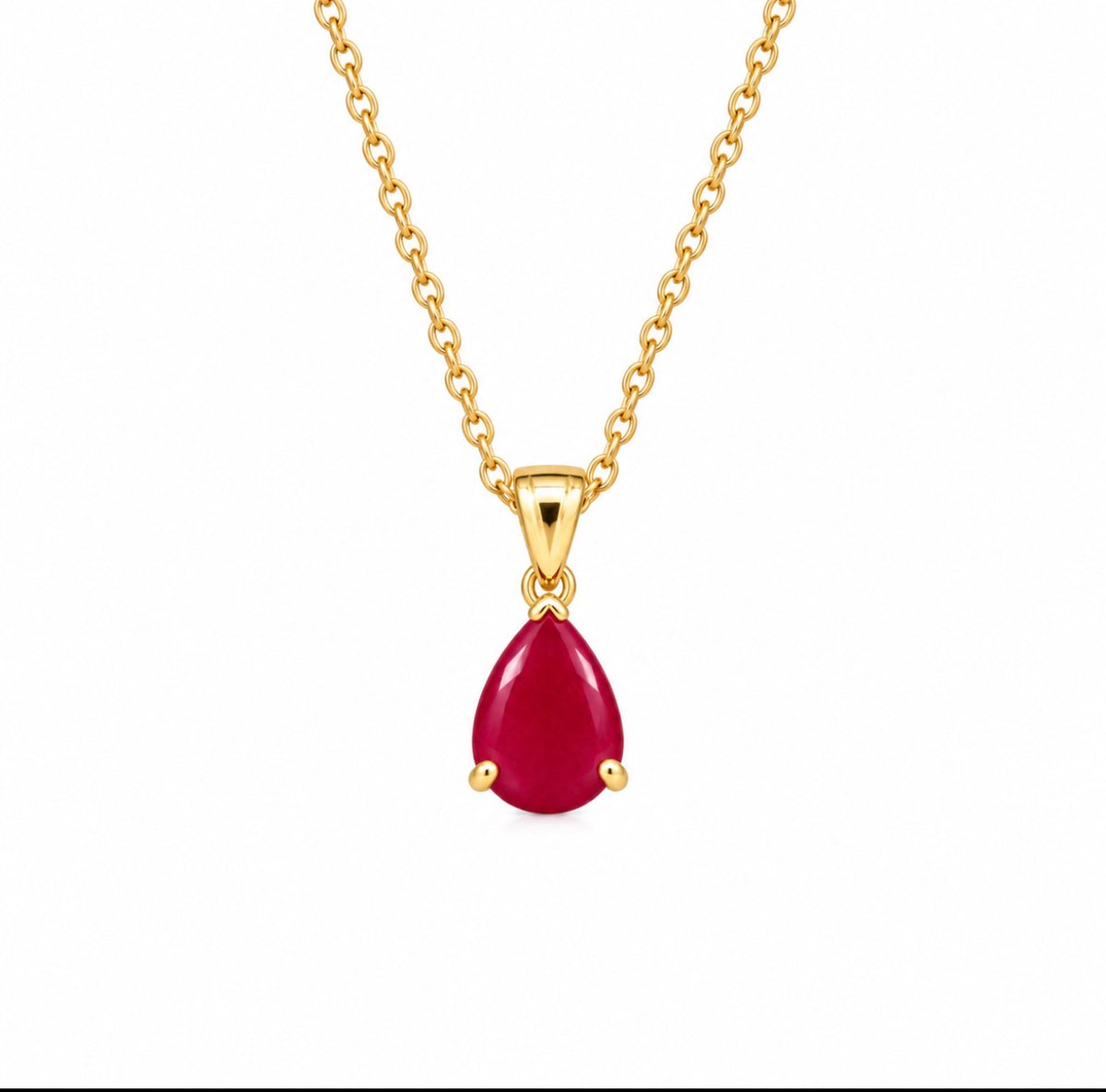 Pear Cut Ruby Solitaire Necklace 14K Yellow Gold.