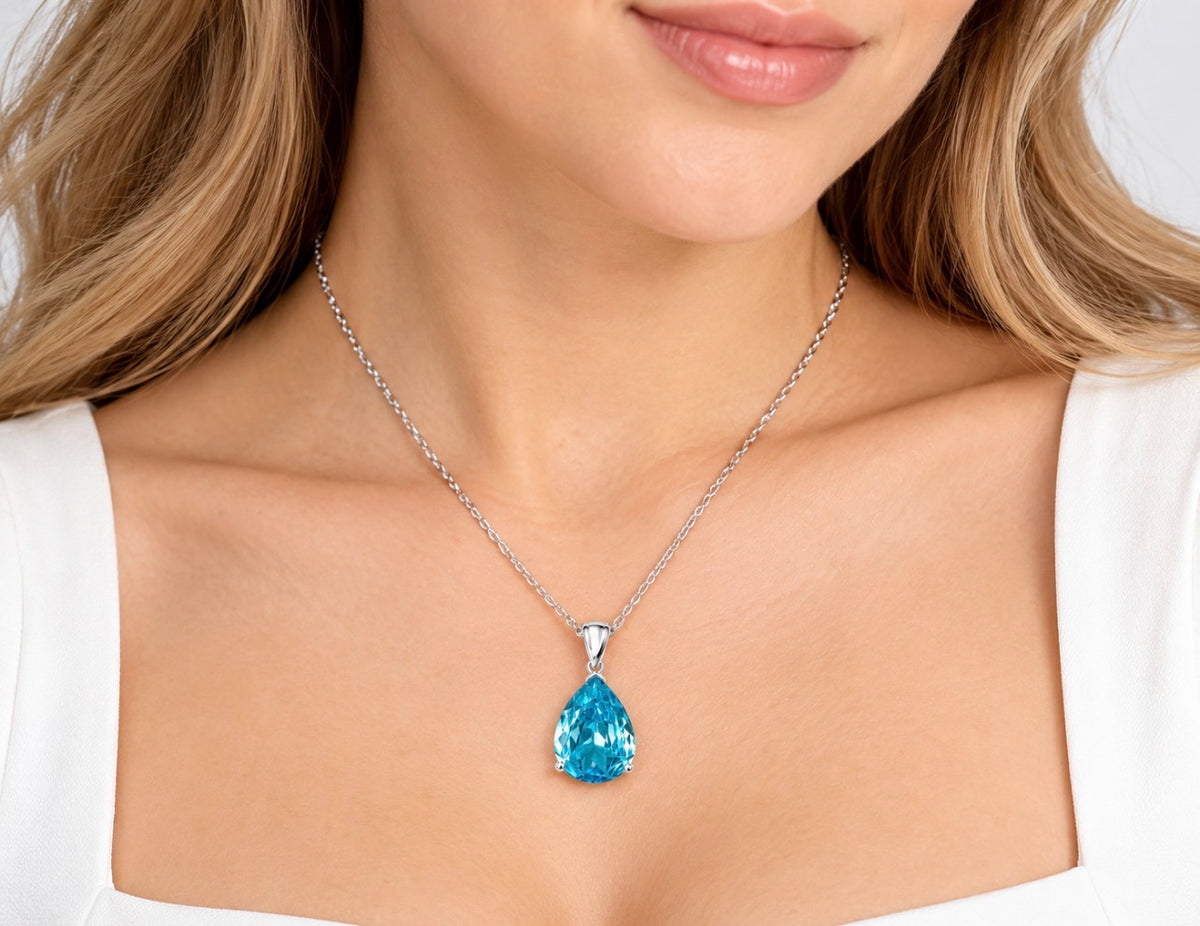 13 Carat Pear Cut Aquamarine Solitaire Necklace 14k White Gold
