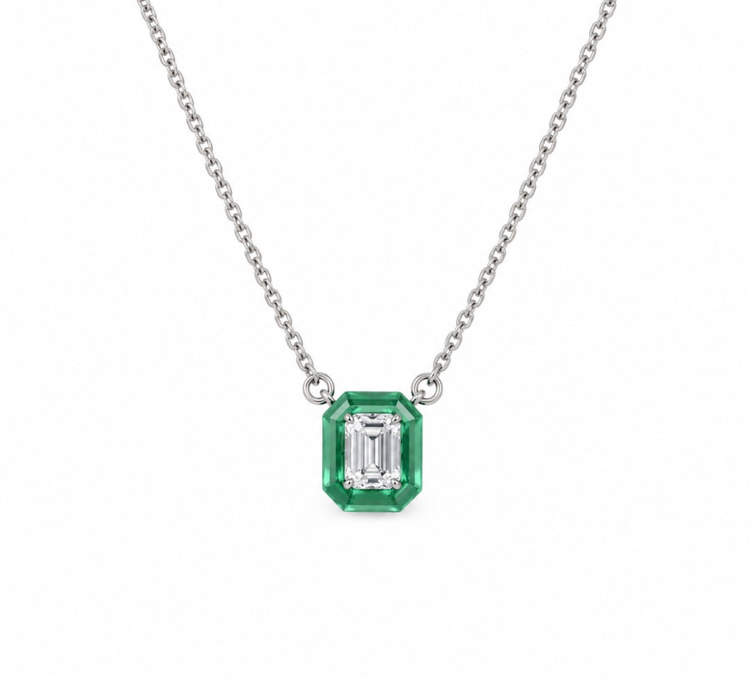 1.5 Carats Green Ceramic Certified Emerald Cut Lab Diamond Necklace