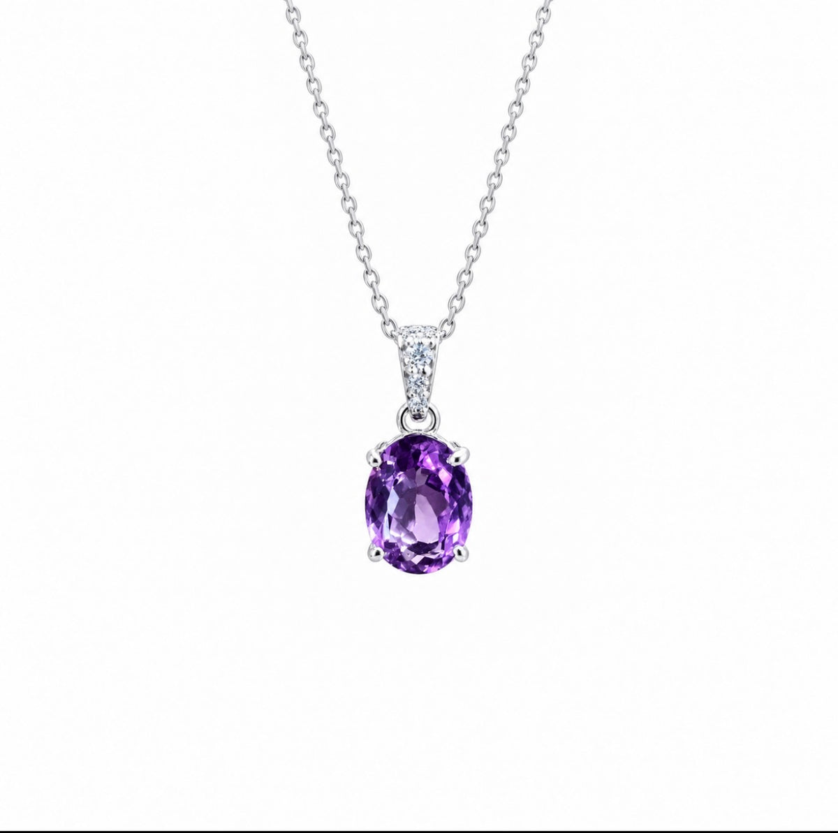 Oval Amethyst Solitaire Necklace 14K White Gold