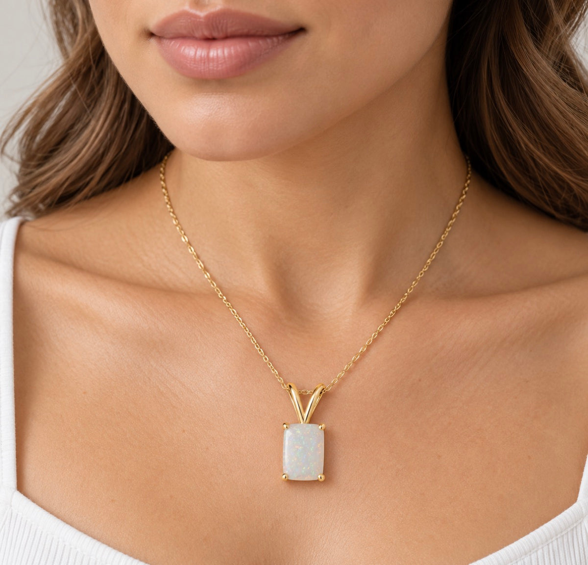 6 Carat Opal Emarald Cut Birth Stone Necklace 14K Gold