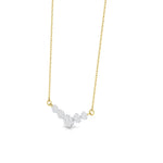 A delicate gold chain necklace featuring a curved row of small clear gemstones in a silver-tone setting, suspended against a plain white background.