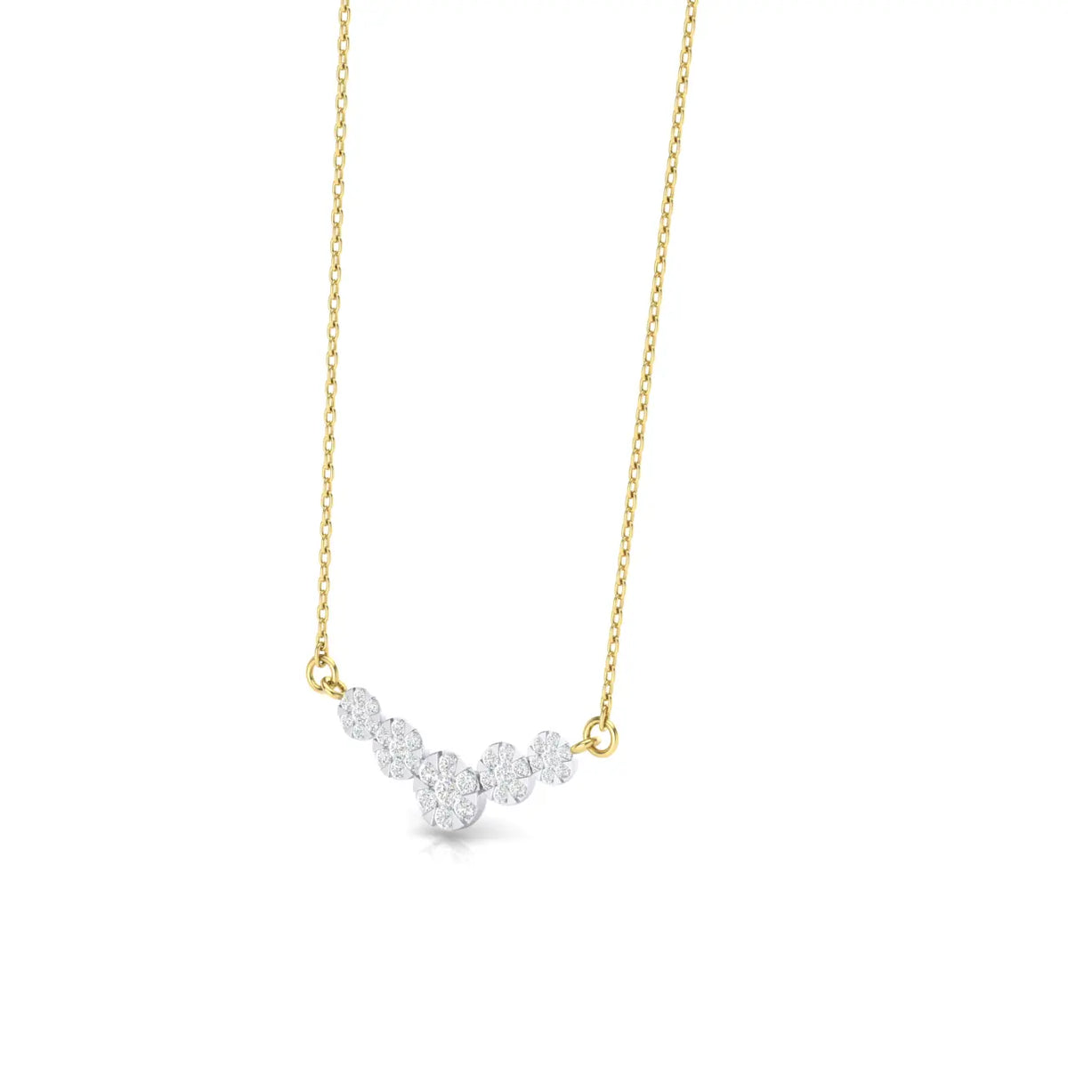 A delicate gold chain necklace featuring a curved row of small clear gemstones in a silver-tone setting, suspended against a plain white background.